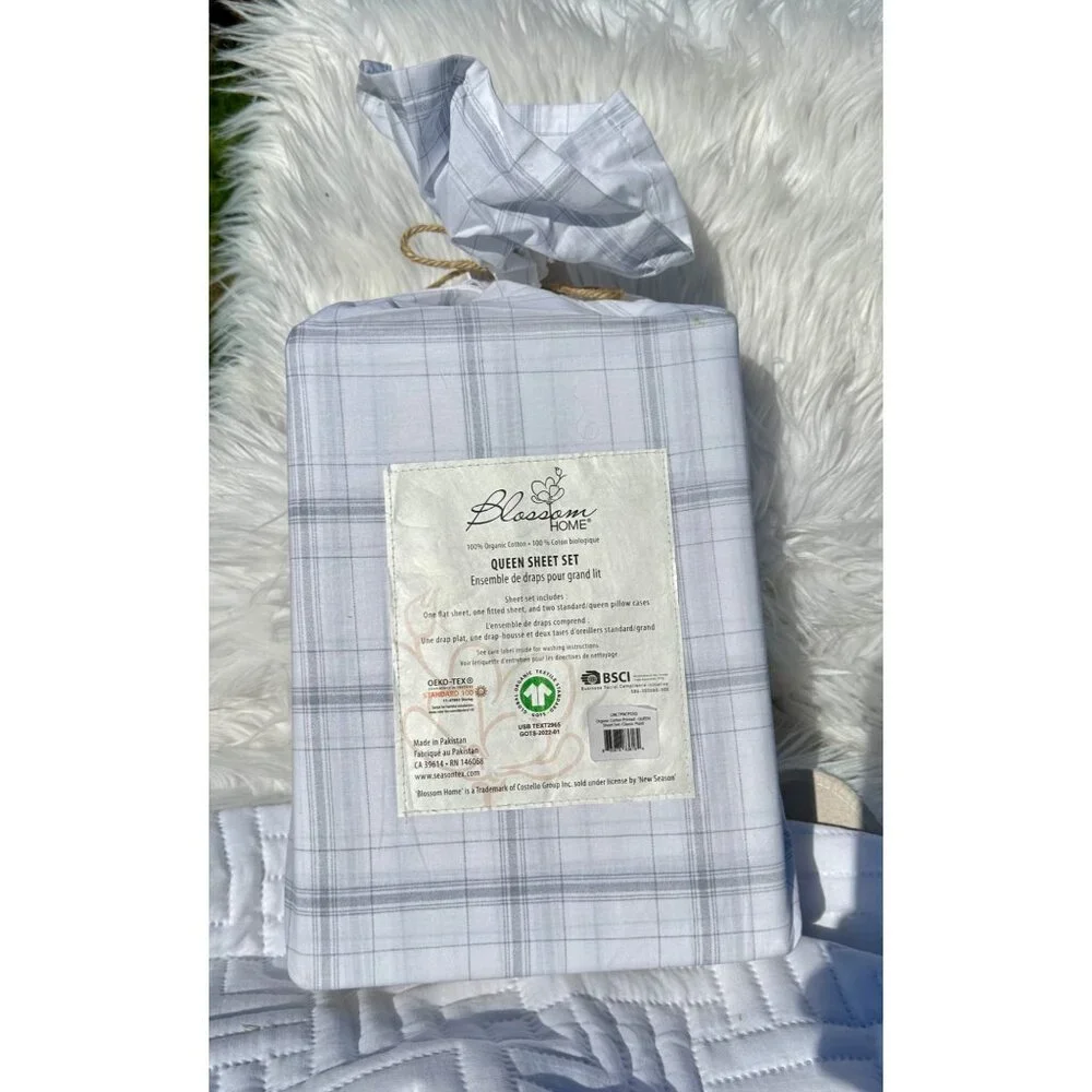 BLOSSOM HOME‎ Organic Cotton Sheet Set Queen Grey Classic Plaid